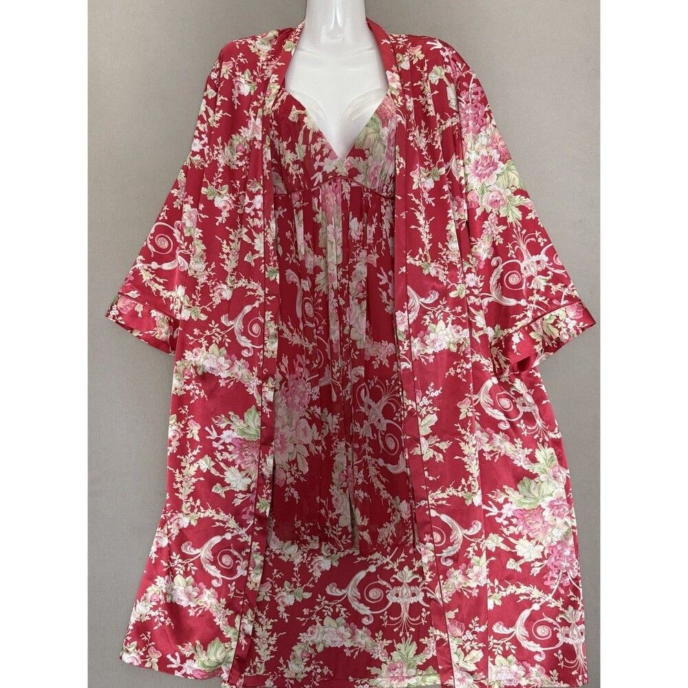 Vintage Oscar De La Renta Nightgown Pink Label Set Medium Satin Floral Robe Dres